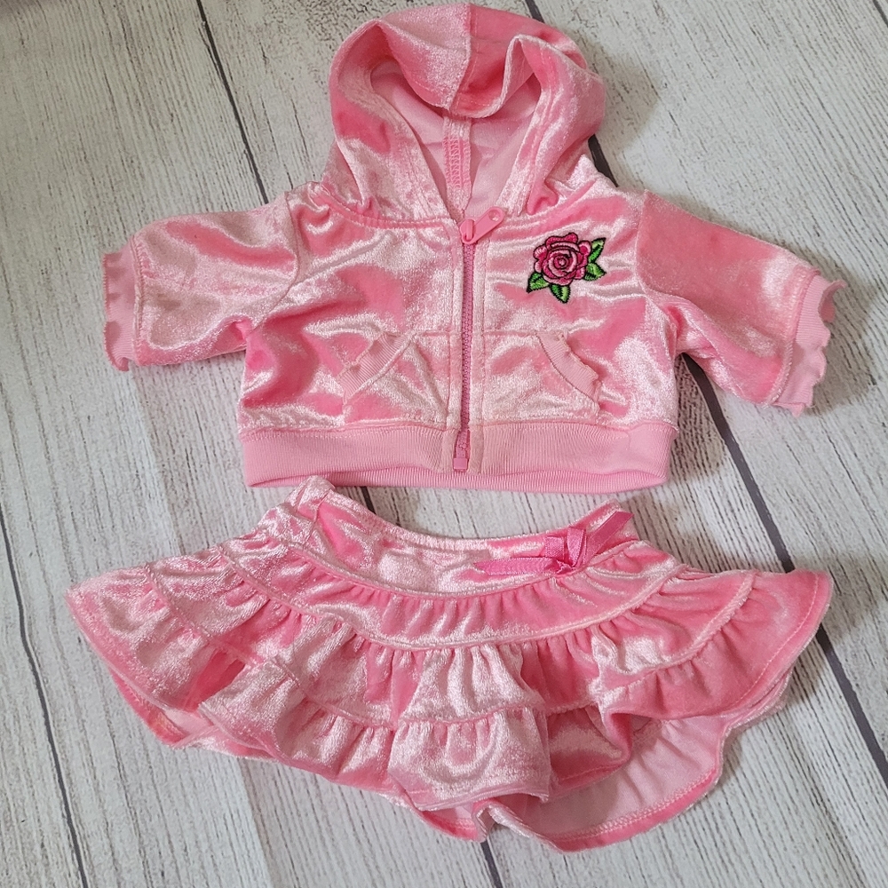 Build A Bear 2 Piece Velour hoodie & Skirt outfit roses